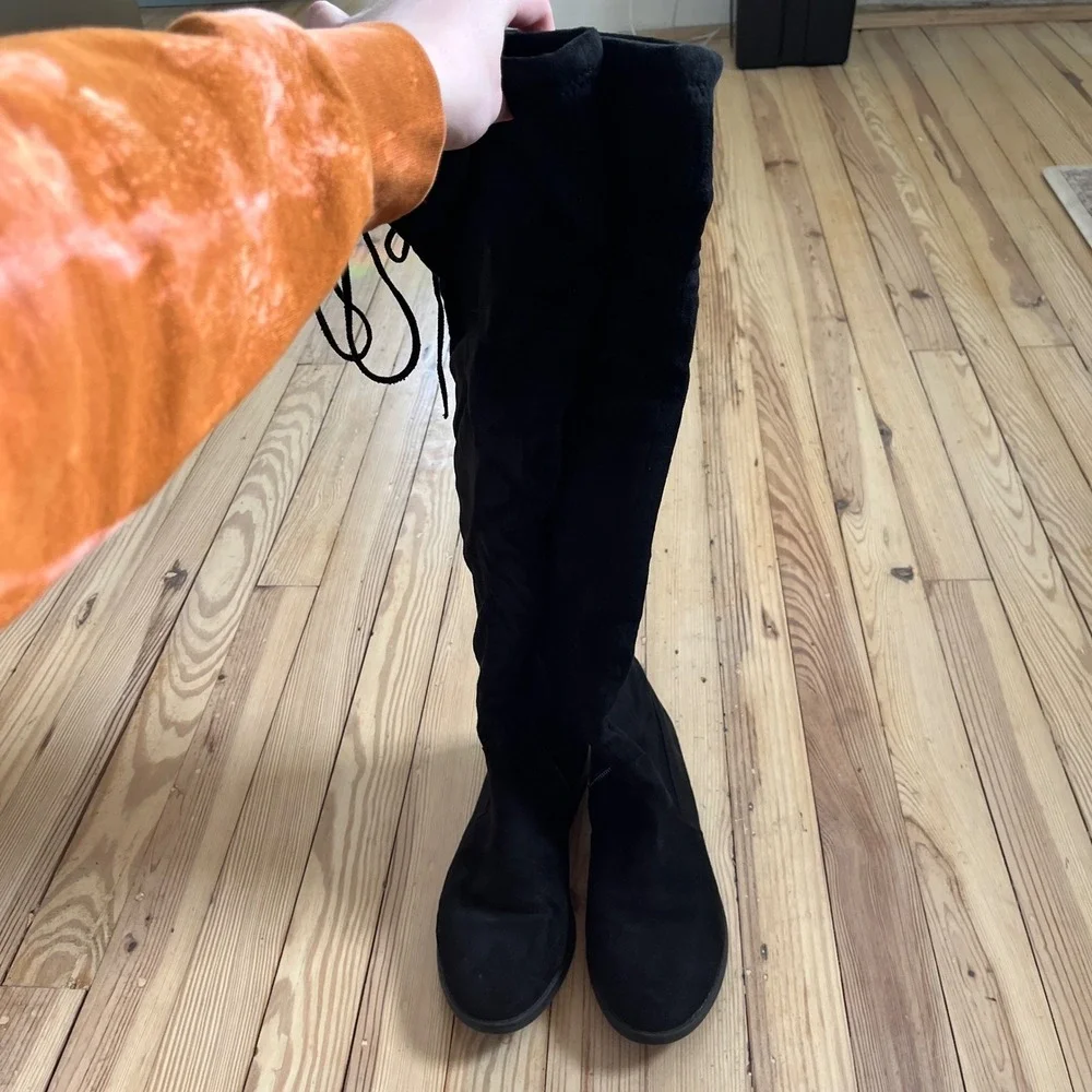 Charlotte Russe Black Suede Over The Knee Boots Tie Back Flat Heel Size‎ 8
